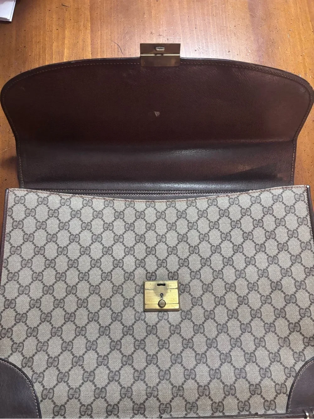 Vintage 1960s Gucci Brown Monogram Briefcase with Brown Leather Trim & Lock Key